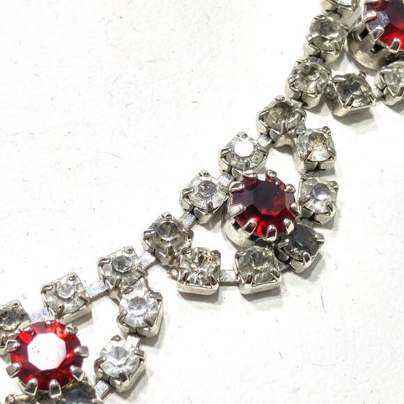 Vintage 1960s Rhinestone Choker Necklace, Rhodium Plated, Red Gray Clear Stones - Picture 4 of 10